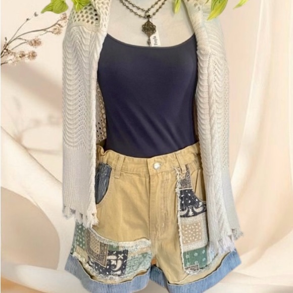 POL Mustard Patchwork Boho Cuff Hem Shorts - Picture 4 of 8